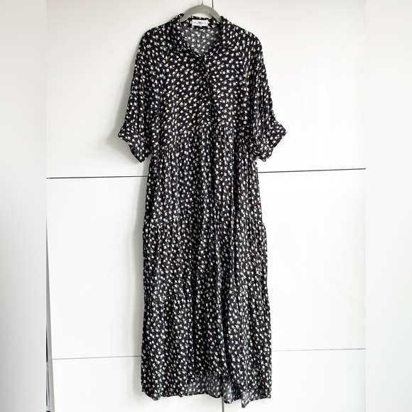 NATURAL LIFE Dresses & Skirts - Natural Life Rebecca Midi/Shirt Dress Black With Cream Roses Boho Large